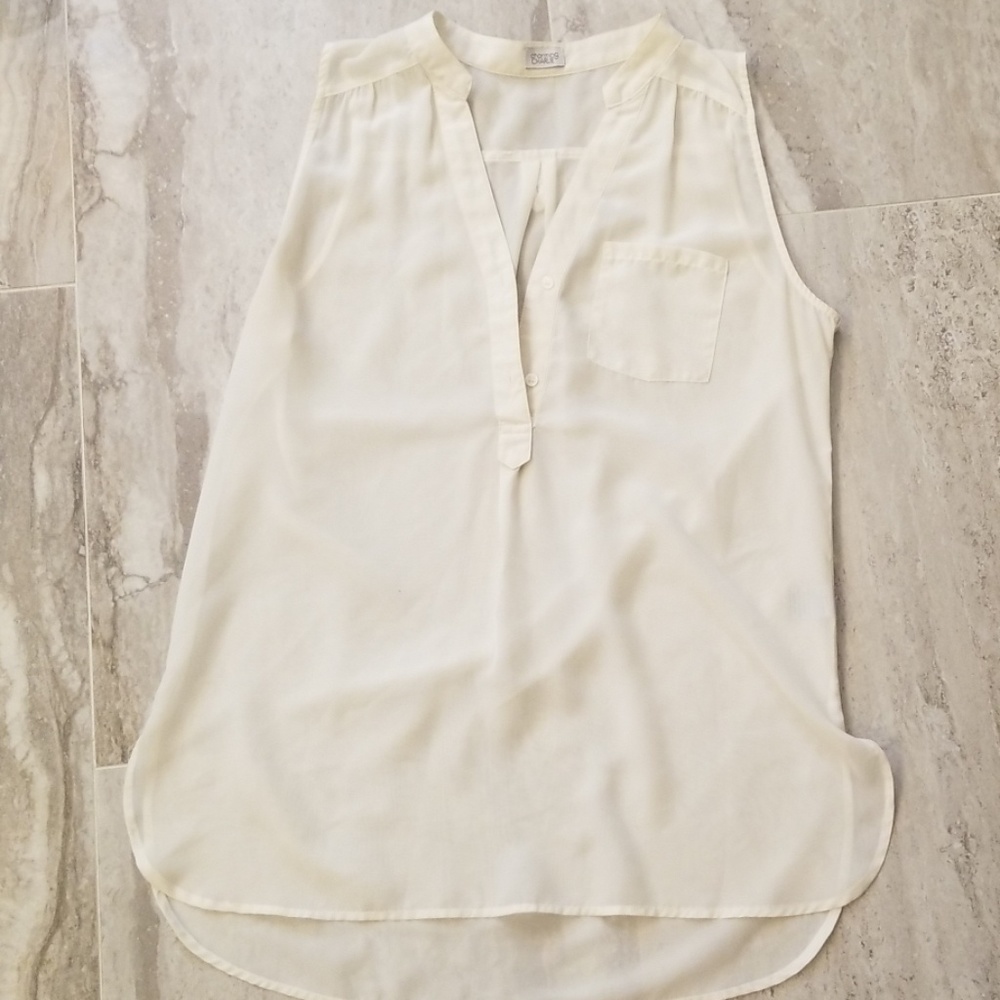Ivory sheer Long tank with v neck buttons
